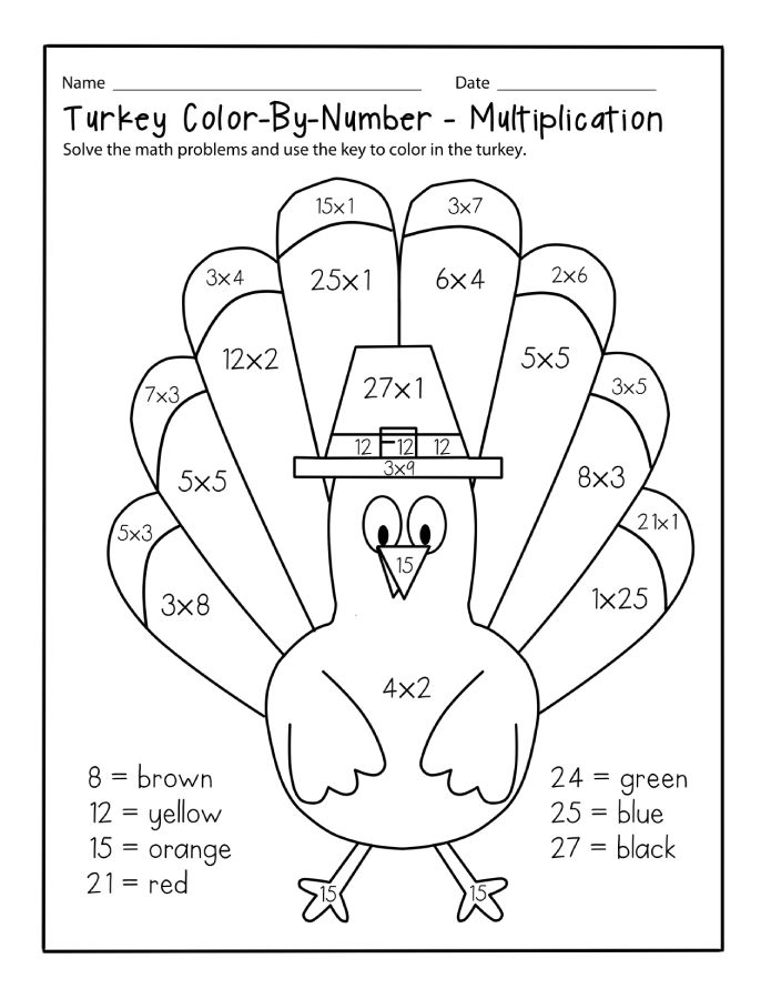 Addition color by number thanksgiving coloring page