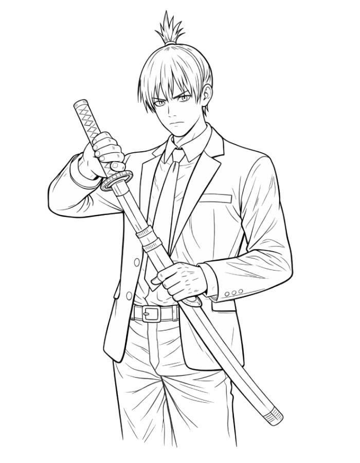 Aki Hayakawa With Katana Line Art Coloring Page