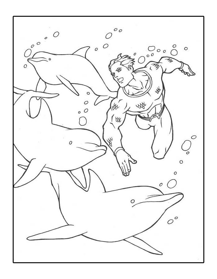 Aquaman Swimming With Dolphins Coloring Page