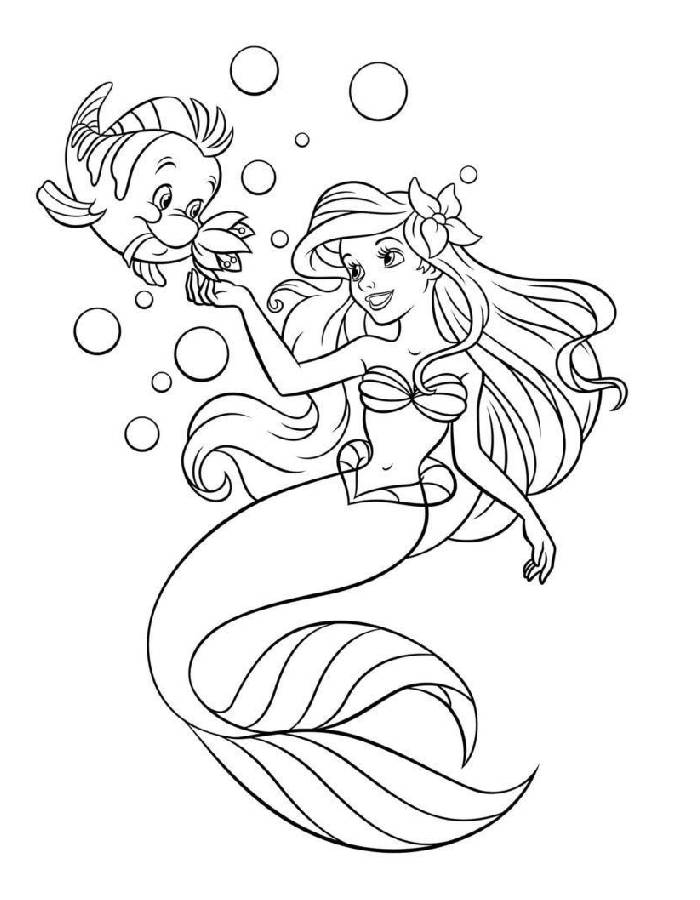 Beautiful Mermaid With Fish Drawing Coloring Page