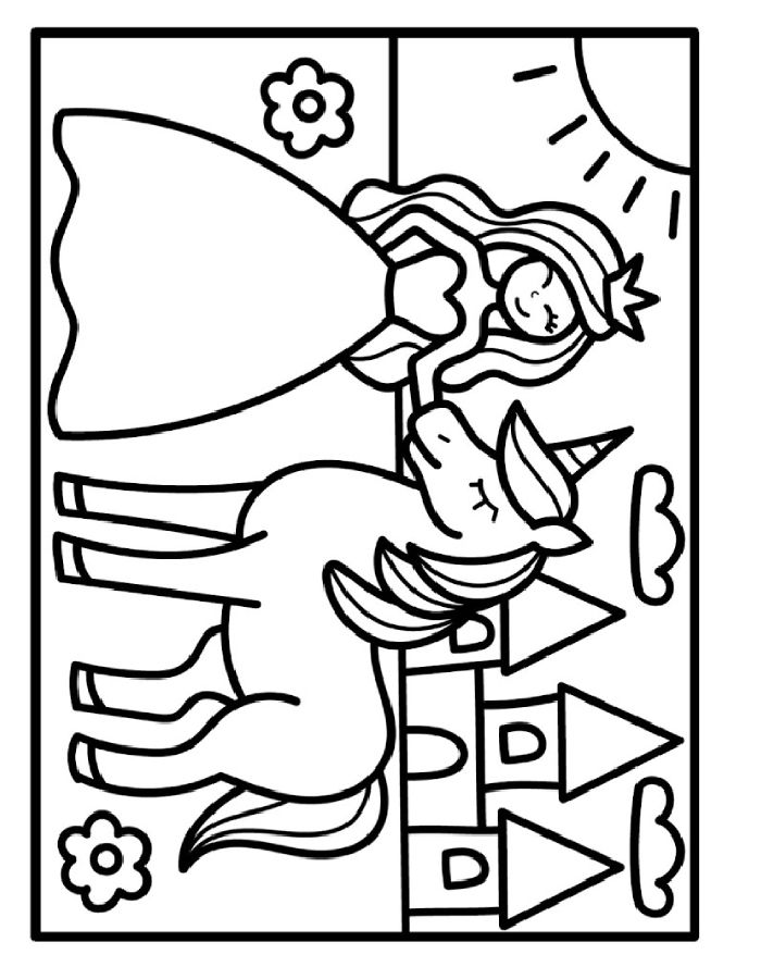 Beautiful Young Princess And Unicorn Coloring Page