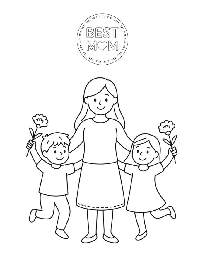 Best Mom With Their Kids Coloring Page