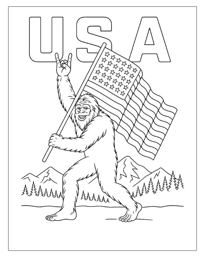 Bigfoot Holding The USA Flag Coloring Page