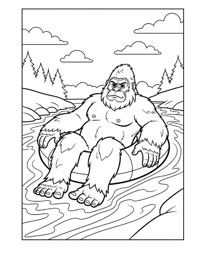 Bigfoot Relaxing On A River Tube In The Wilderness Coloring Page