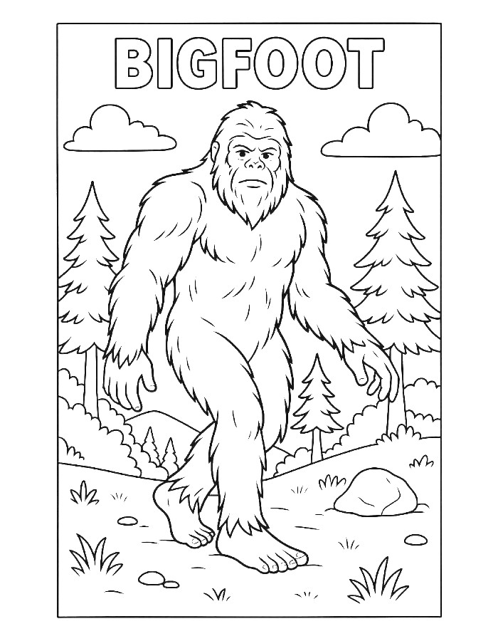 Bigfoot Walking Through A Forest Surrounded By Trees And Nature Coloring Page