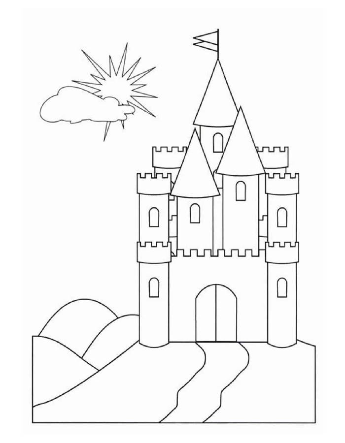 Castle Landscape With Sun And Hills Coloring Page