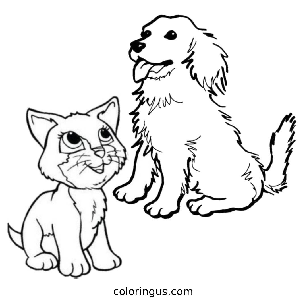 Cute Cat And Dog Cartoon Coloring Page