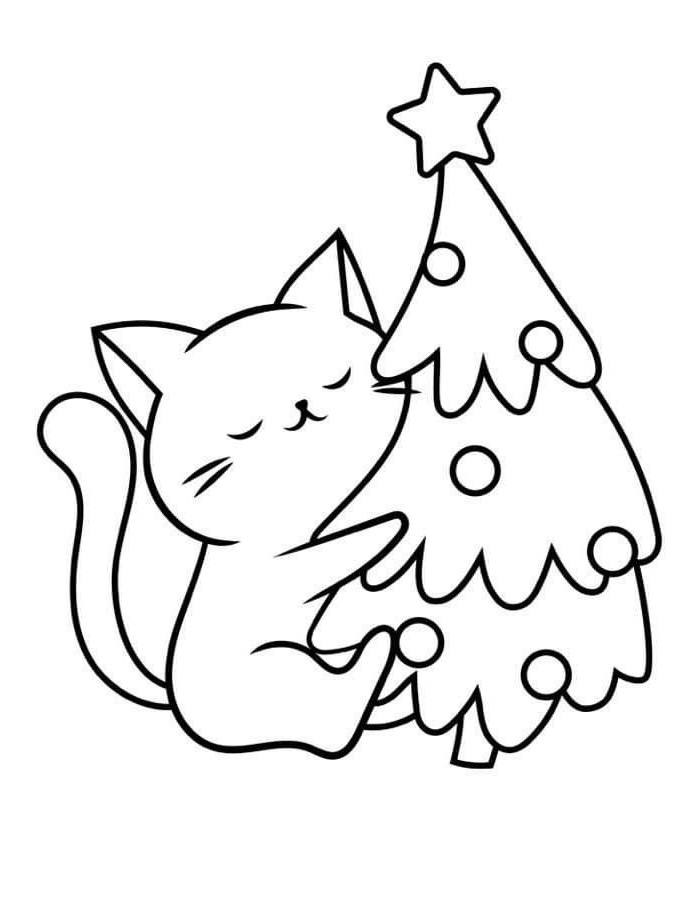 Christmas Cat Printable Line Art Coloring Page