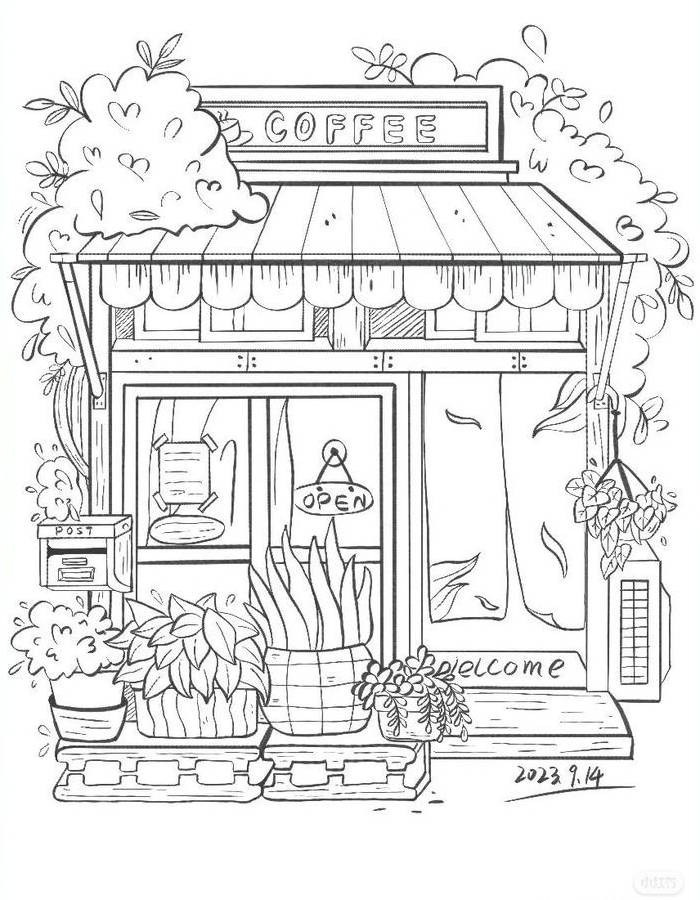 Coffee Shop Coloring Page