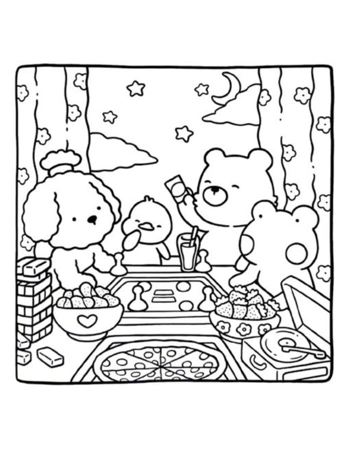 Cozy Friends Drawing Easy Coloring Page