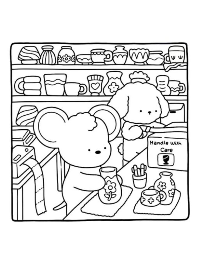 Cozy Friends Line Art Coloring Page