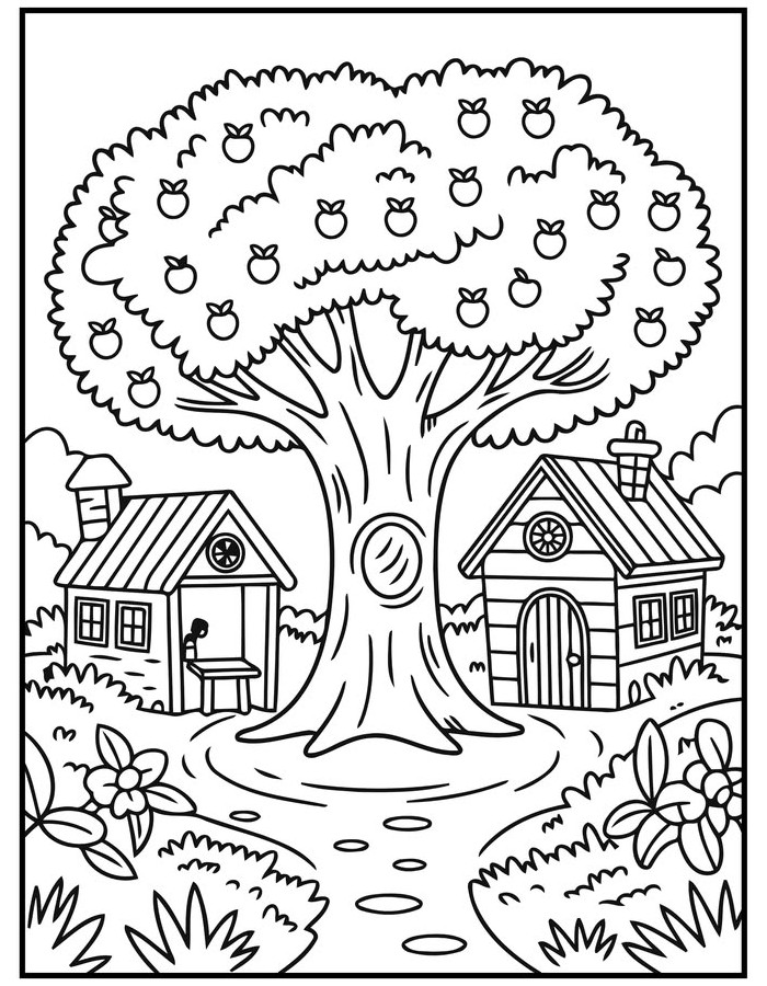 Crayola Illustration With A Large Apple Tree Coloring Page