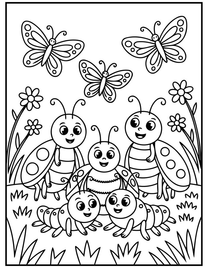 Crayola Insect Scene Featuring Smiling Ladybugs Coloring Page