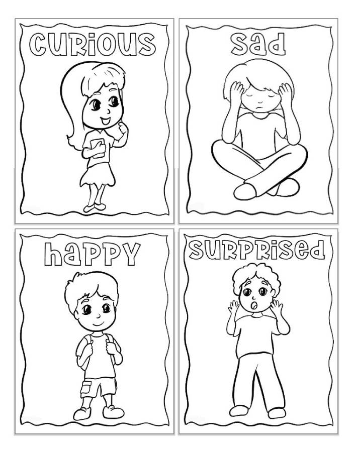 Curious, Sad, Happy, And Surprised Emotions Coloring Page