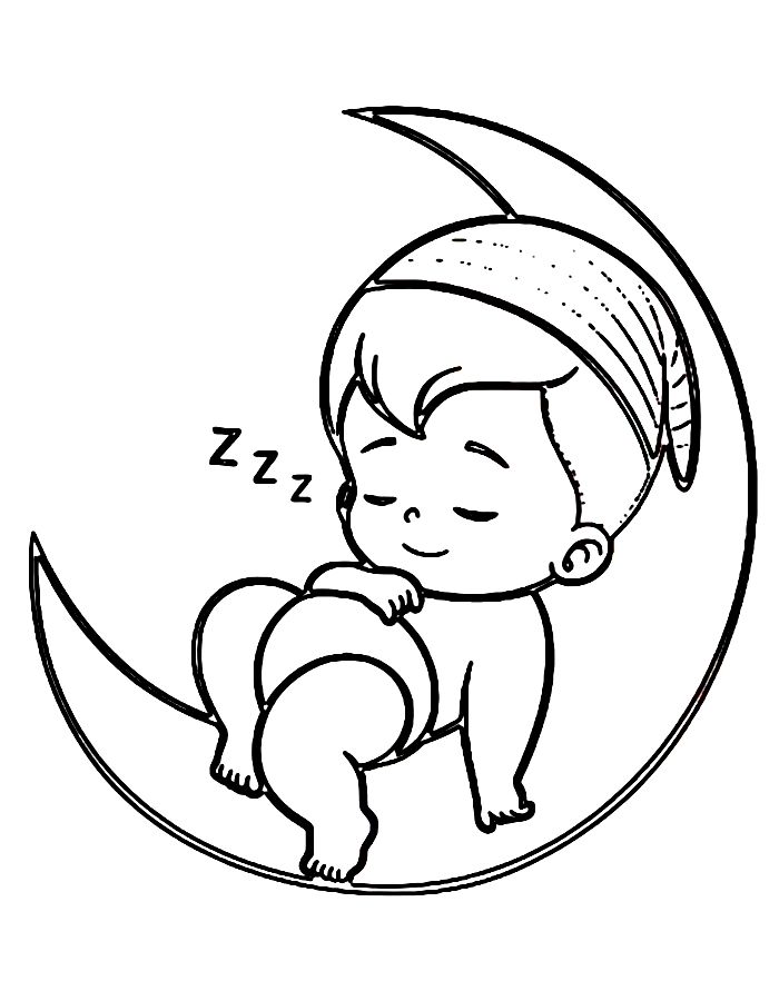 Cute Baby Sleeping On The Moon Drawing Coloring Page