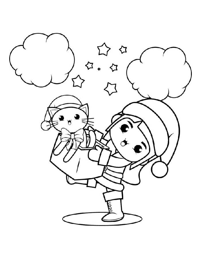 Cute Cat Christmas For Kids Coloring Page