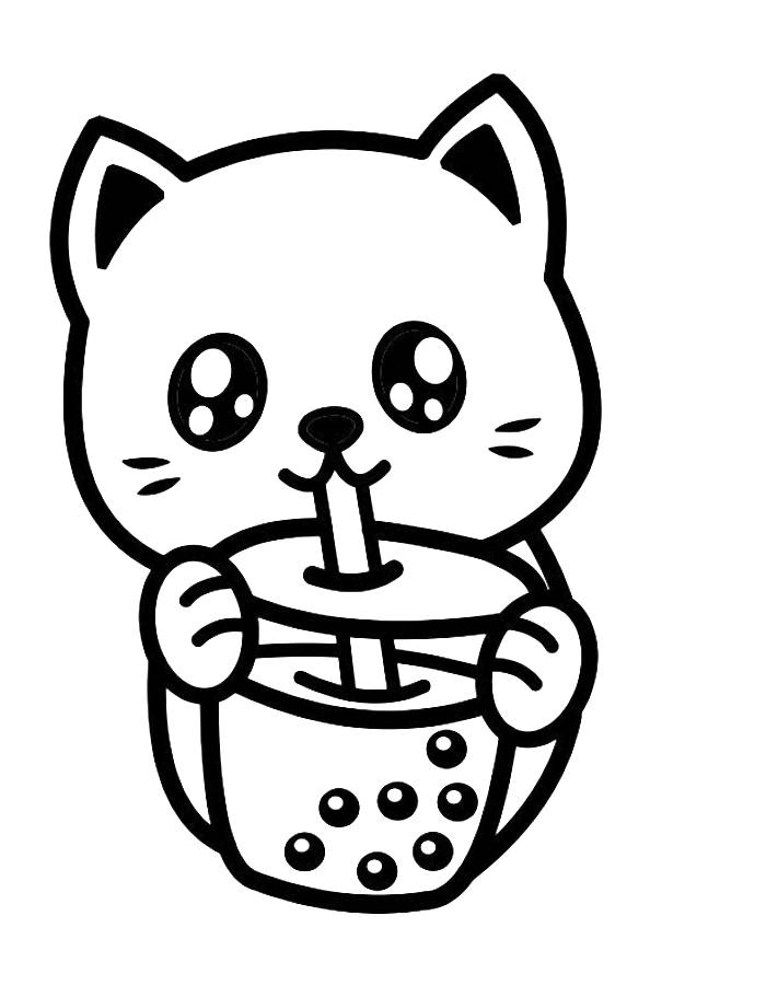 Cute Cat Drinking Boba Milk Coloring Page