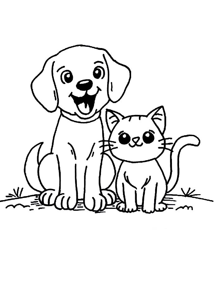 Cute Dog And Cat Adorable Pet Coloring Page