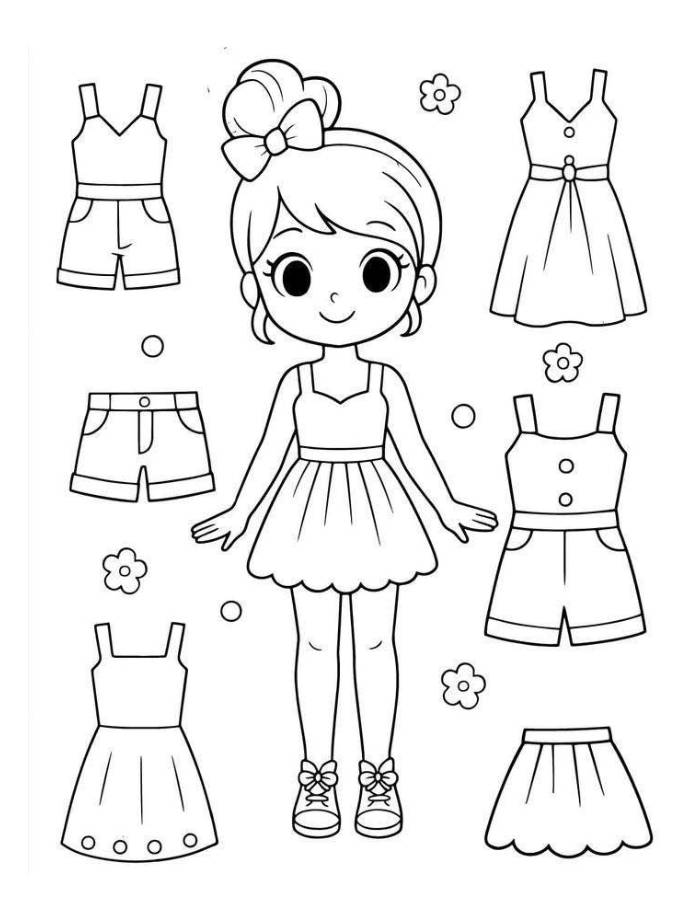 Cute Girl Paper Doll Outfit Set Coloring Page