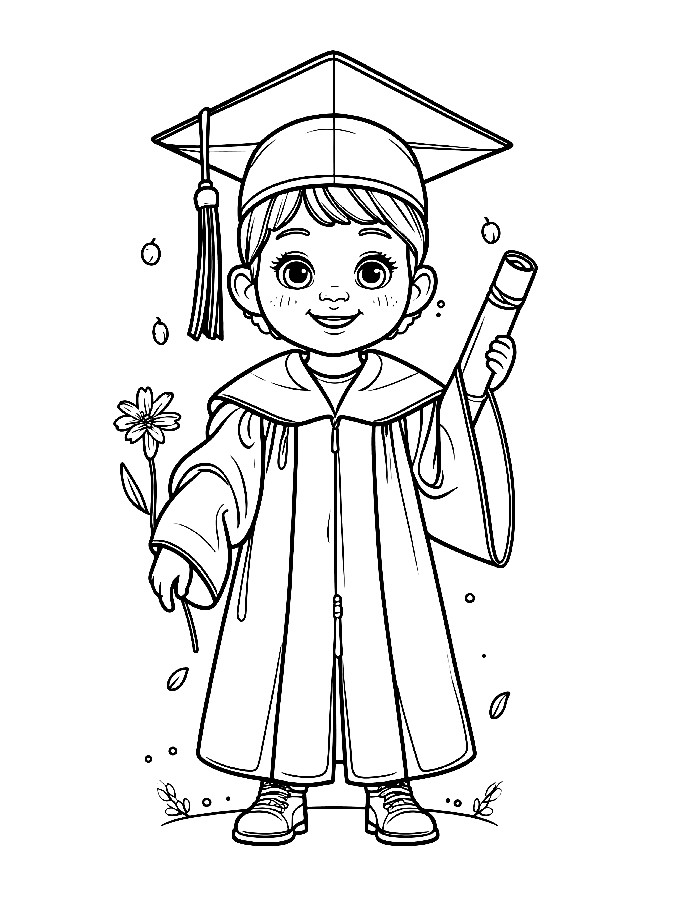 Cute Graduation Child In Cap And Gown Holding A Diploma And Flower Coloring Page