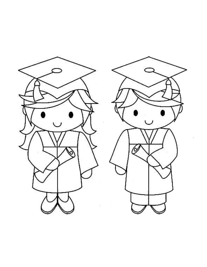 Cute Graduation Illustration Of Two Kids Coloring Page