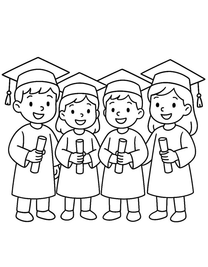 Cute Graduation Illustration With Four Happy Kids Wearing Caps And Gowns While Holding Diplomas Coloring Page