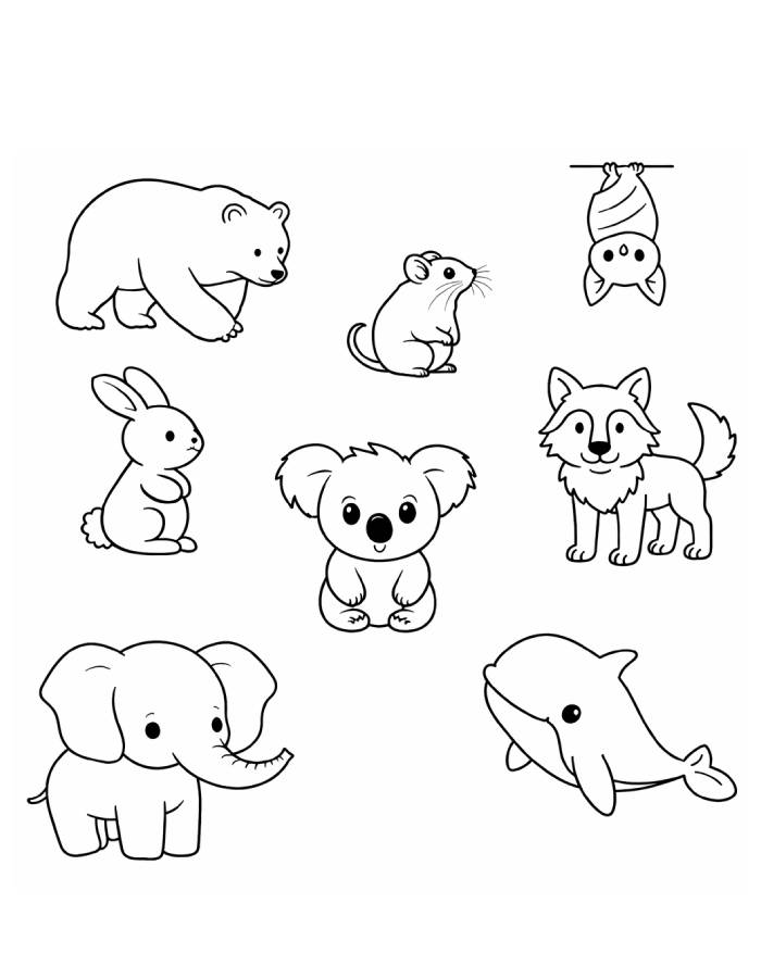 Cute Mammal Animals Collection Coloring Page