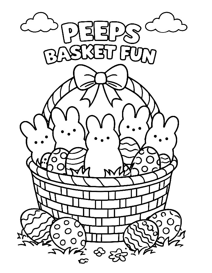 Cute Peeps Basket Filled With Bunny Treats And Easter Eggs Coloring Page