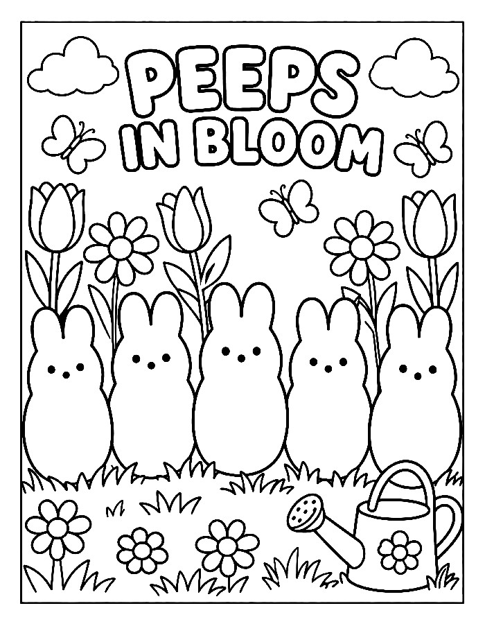 Cute Peeps With Bunnies, Flowers, And Spring Garden Fun Coloring Page