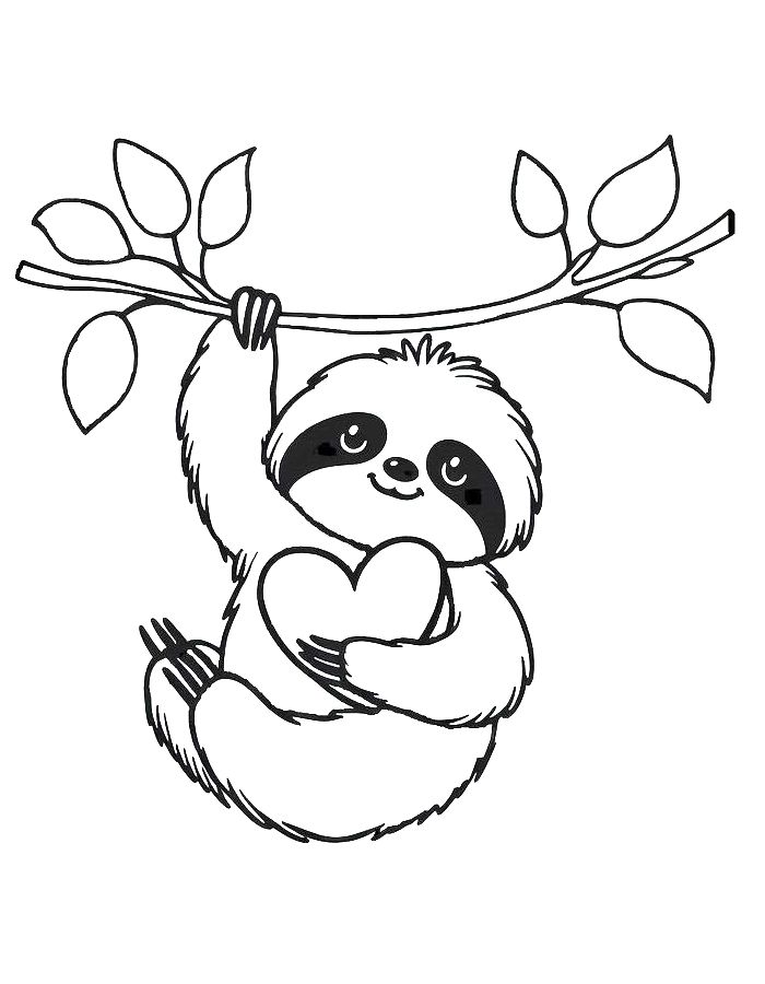 Cute Sloth Hanging On The Tree Coloring Page