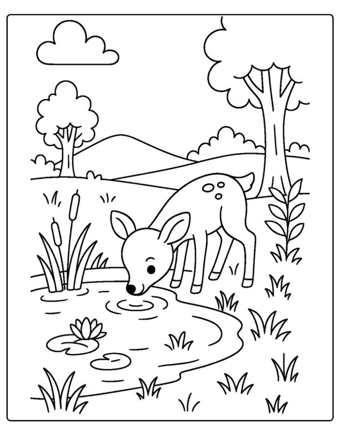Deer Drinking Water Nature Coloring Page