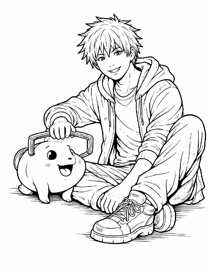 Denji And Pochita Relax Together Coloring Page
