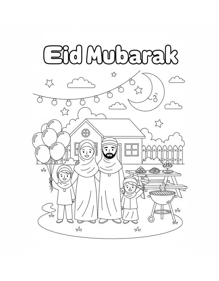 Eid Mubarak Family Celebration With House And Balloons Coloring Page