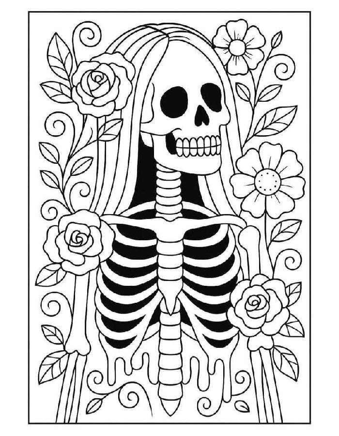 Elegant Floral Day Of The Dead Skeleton Design Coloring Page