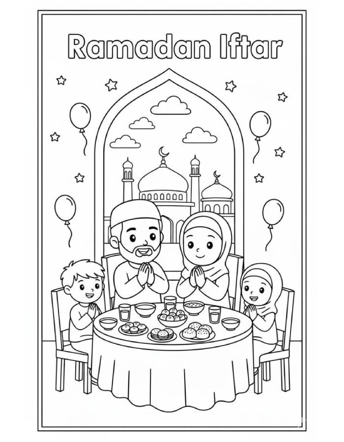 Family Enjoying Ramadan Iftar Coloring Page