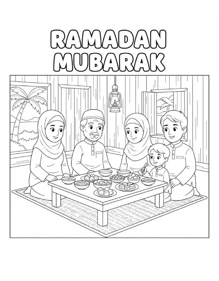 Family Sharing Ramadan Iftar Meal Coloring Page