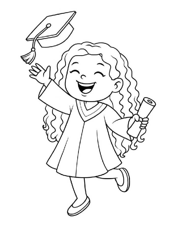 Featuring A Cheerful Girl Holding A Diploma And Tossing Her Graduation Cap Coloring Page
