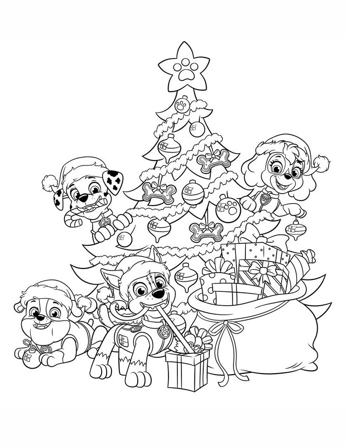 Festive PAW Patrol Christmas With Pups, Gifts, And A Decorated Tree Coloring Page