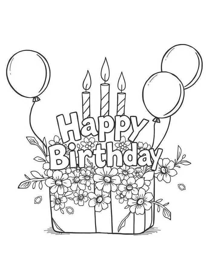 Floral Birthday Cake Celebration Card Coloring Page