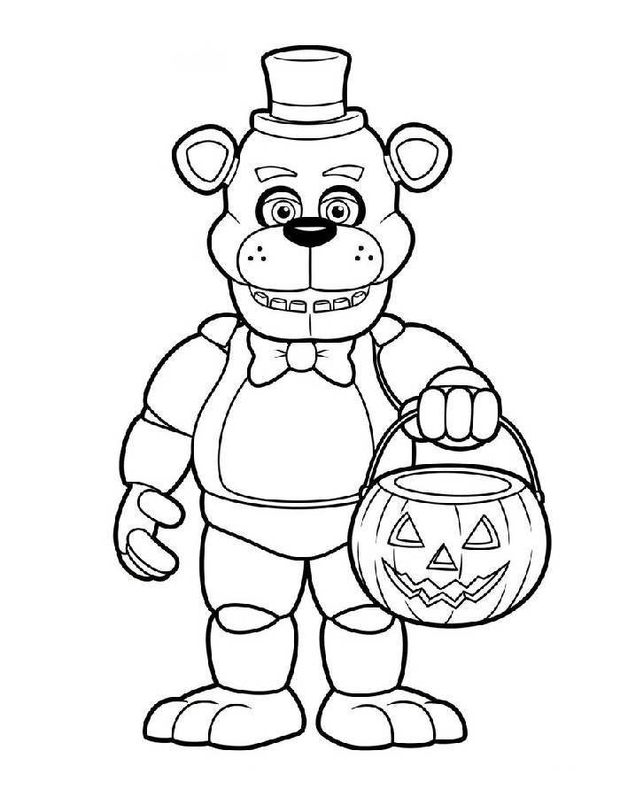 Freddy Fazbear Holding A Spooky Pumpkin Candy Bucket Coloring Page