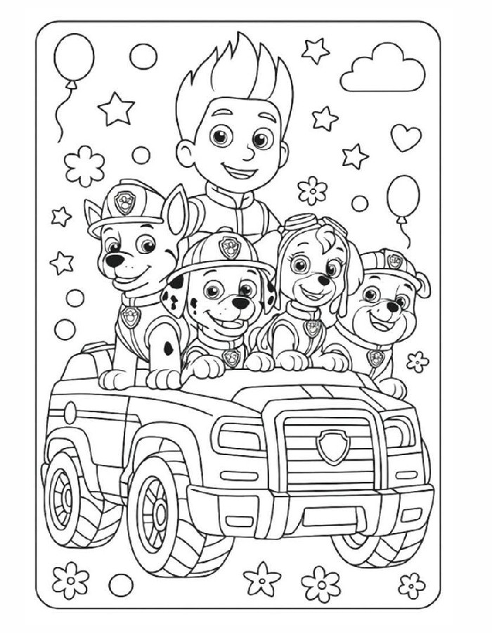 Fun PAW Patrol With Ryder And The Pups Riding In Their Rescue Truck Coloring Page