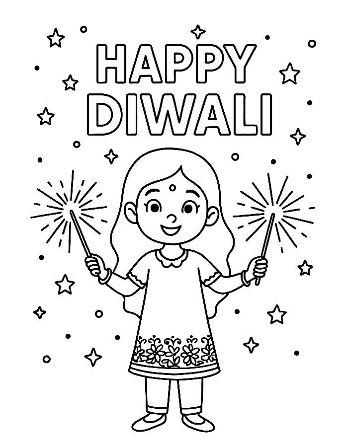 Girl Holding Diwali Sparklers Coloring Page