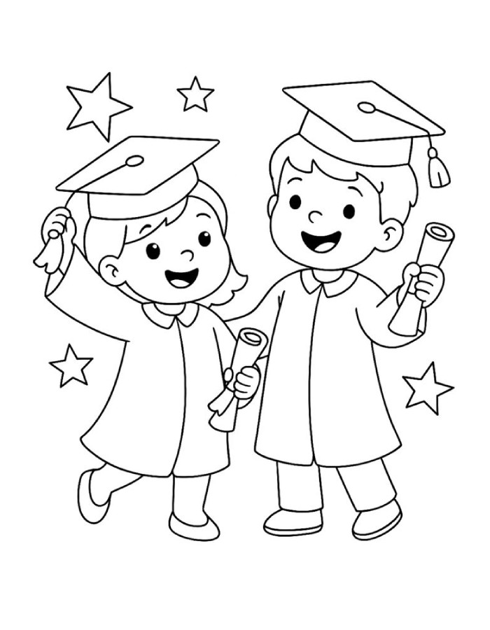 Graduation Illustration Of Two Happy Kids Coloring Page