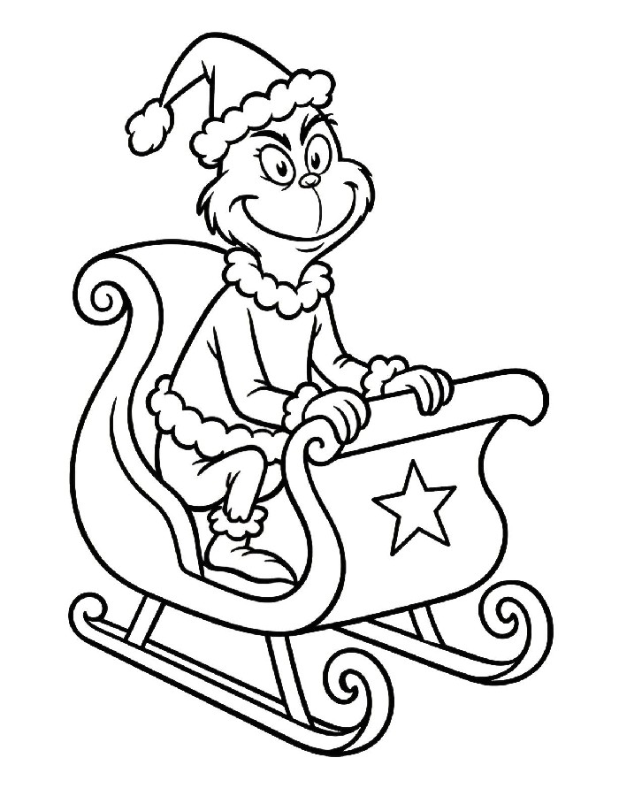 The Grinch Riding In A Festive Sleigh Wearing A Santa Hat Coloring Page