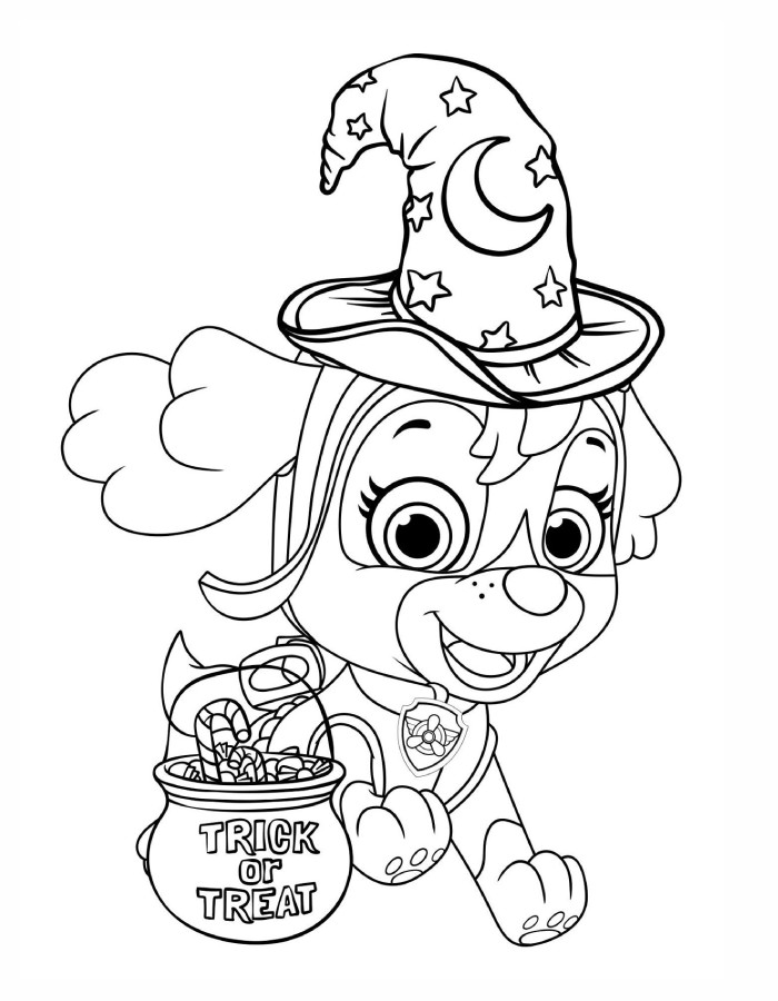 Halloween PAW Patrol With A Witch Hat And Trick-or-treat Candy Bucket Coloring Page