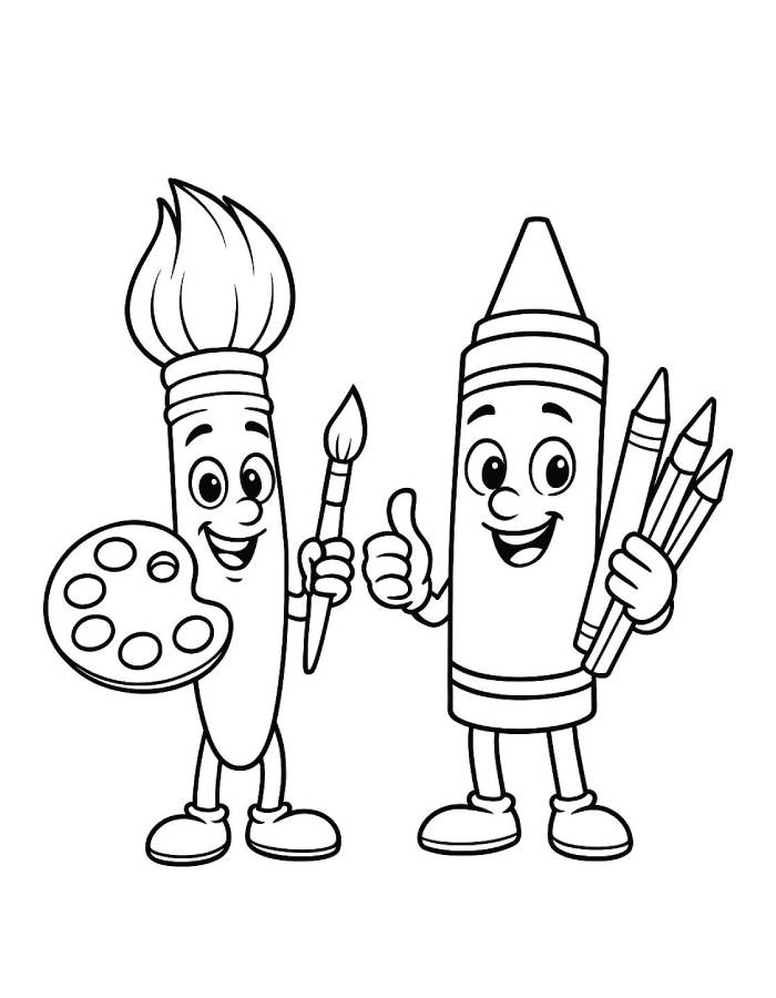 Happy Art Tools Characters Together Coloring Page