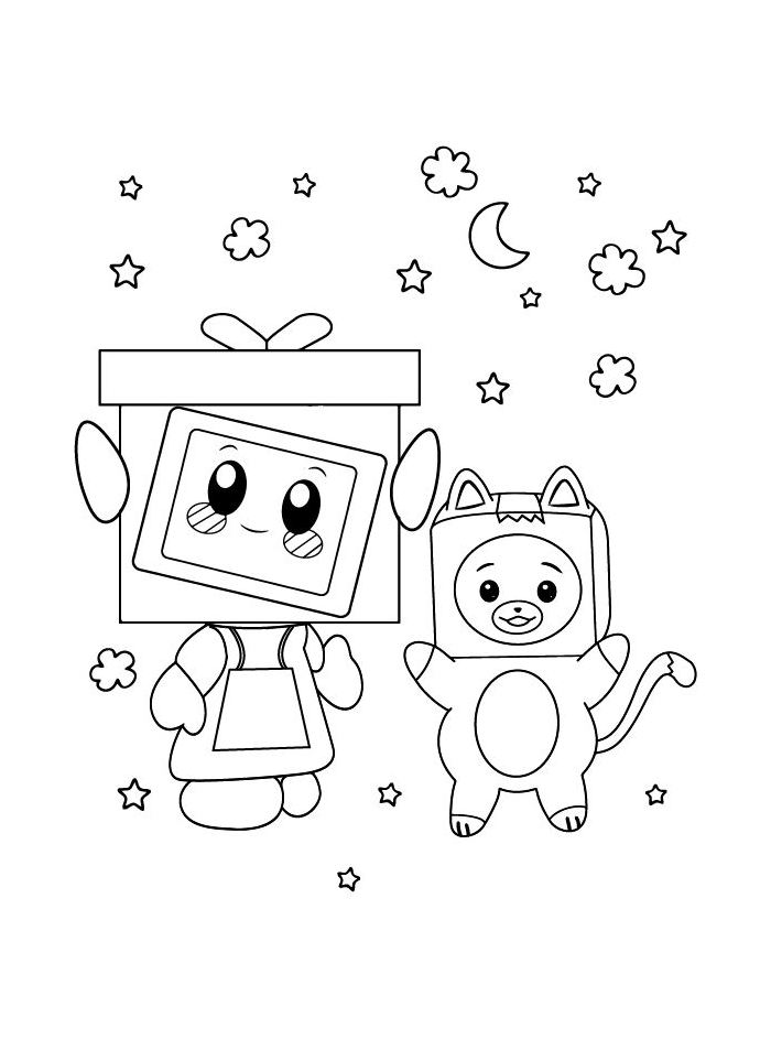 Happy Boxy And Foxy With Stars And Moon Coloring Page