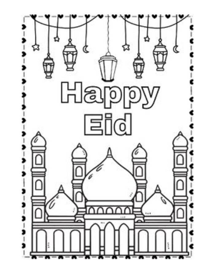 Happy Eid Mosque And Lantern Coloring Page