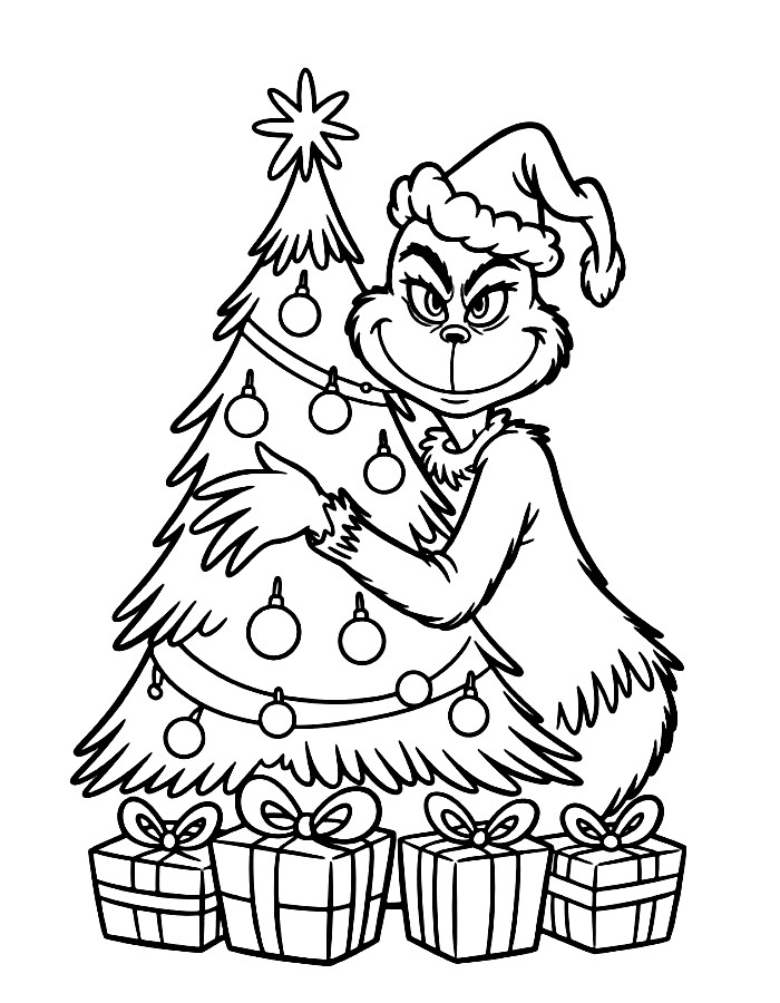 The Grinch Decorating A Christmas Tree With Presents Underneath Coloring Page