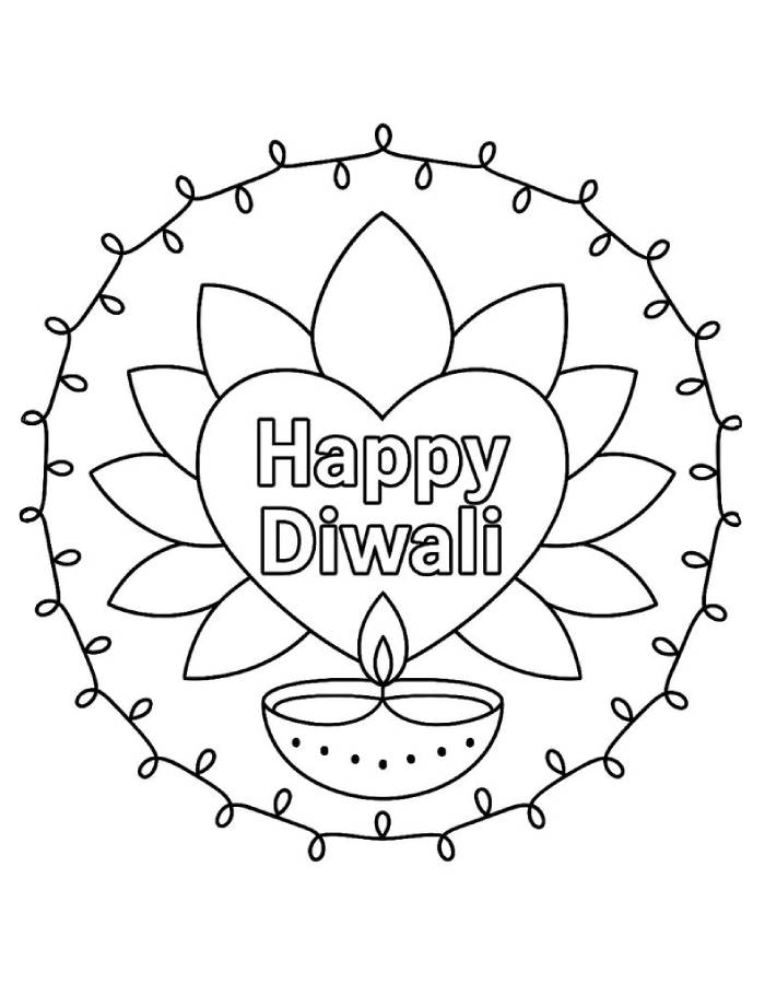 Heart Lotus Diwali Design Coloring Page